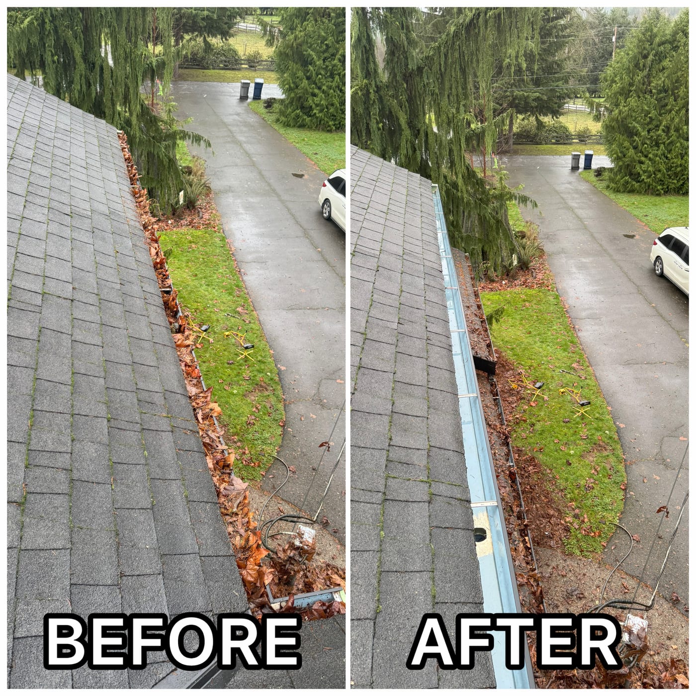 Before and after gutter cleaning — a gutter run packed solid with maple leaves scooped out, flushed and left flowing
