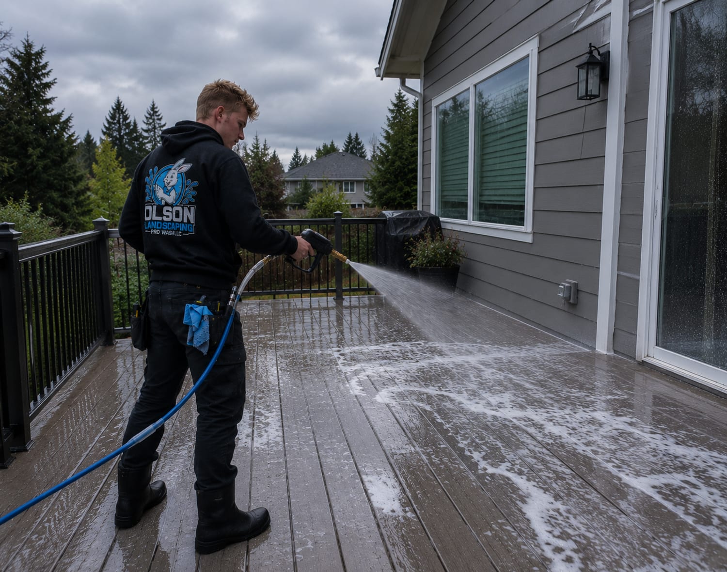 Soft-washing a composite deck, foam on the boards