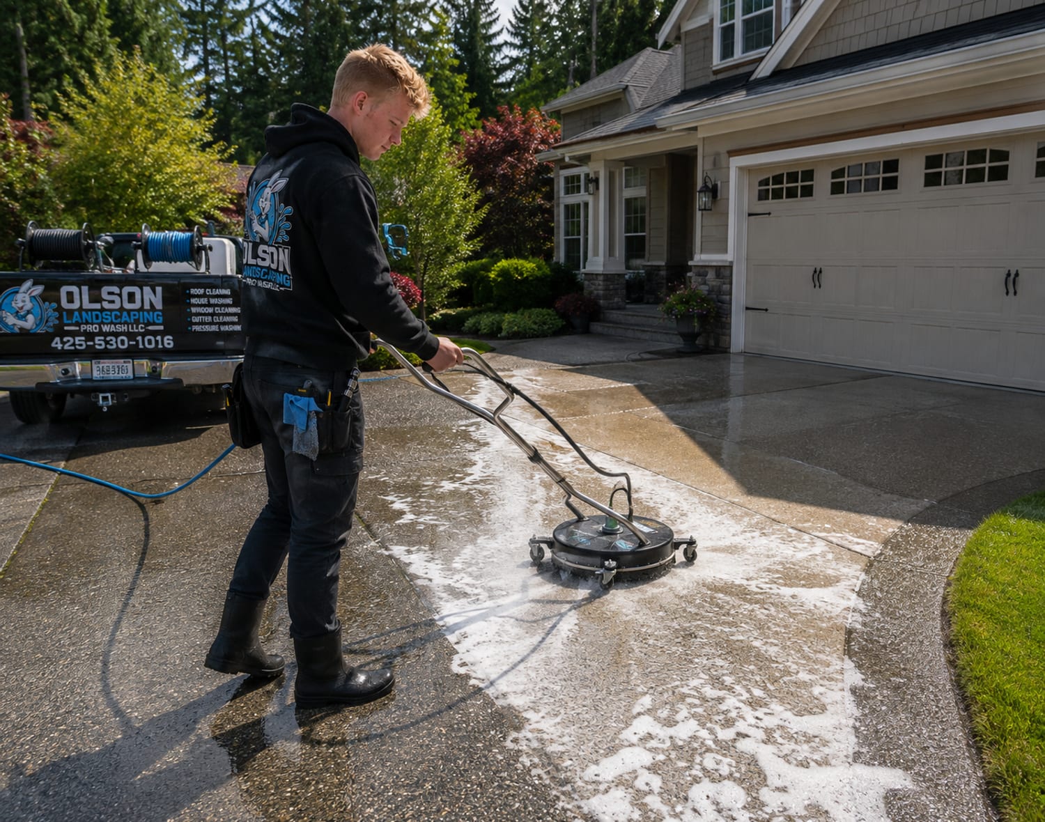 Running a rotary surface cleaner on a residential driveway