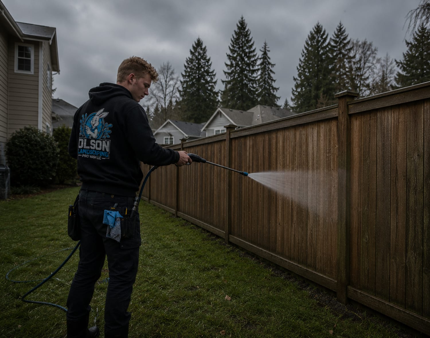 Soft-washing a wood privacy fence