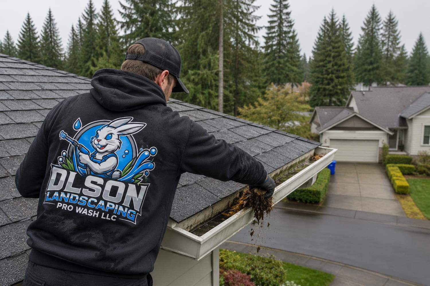 Olson Pro Wash clearing debris from a home gutter by hand