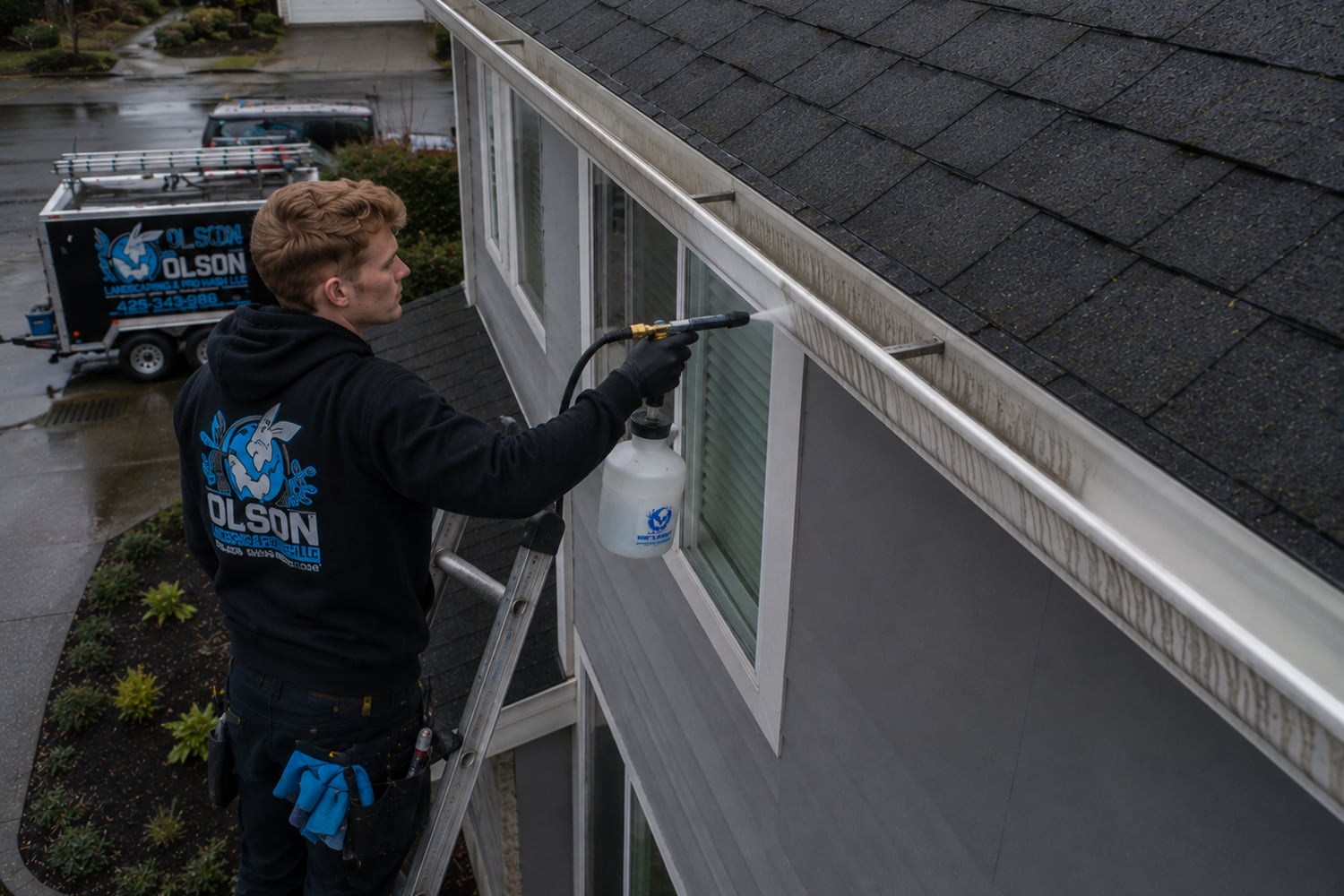 Olson Pro Wash technician on a ladder soft-washing a tiger-striped exterior gutter face with a handheld detergent sprayer, service truck behind