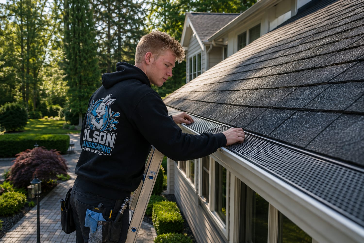 Ethan Olson fitting a Raptor stainless steel micro-mesh gutter guard on a shingle roof