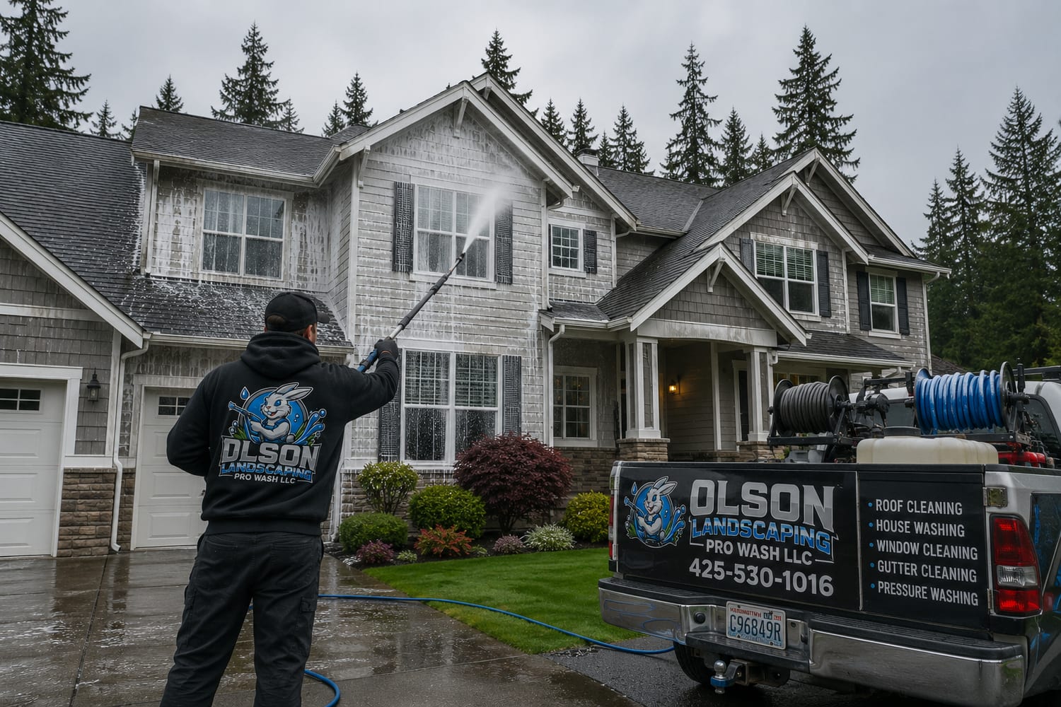 Soft-washing a large two-story home with the Olson Pro Wash rig alongside