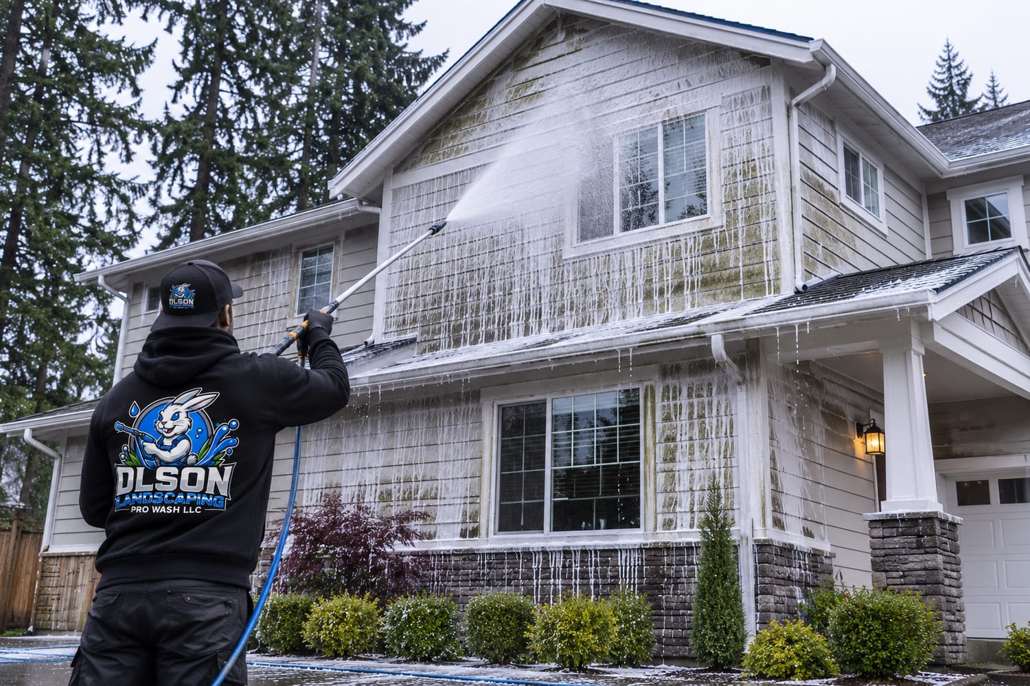 Technician soft-washing a two-story home, suds running down the siding