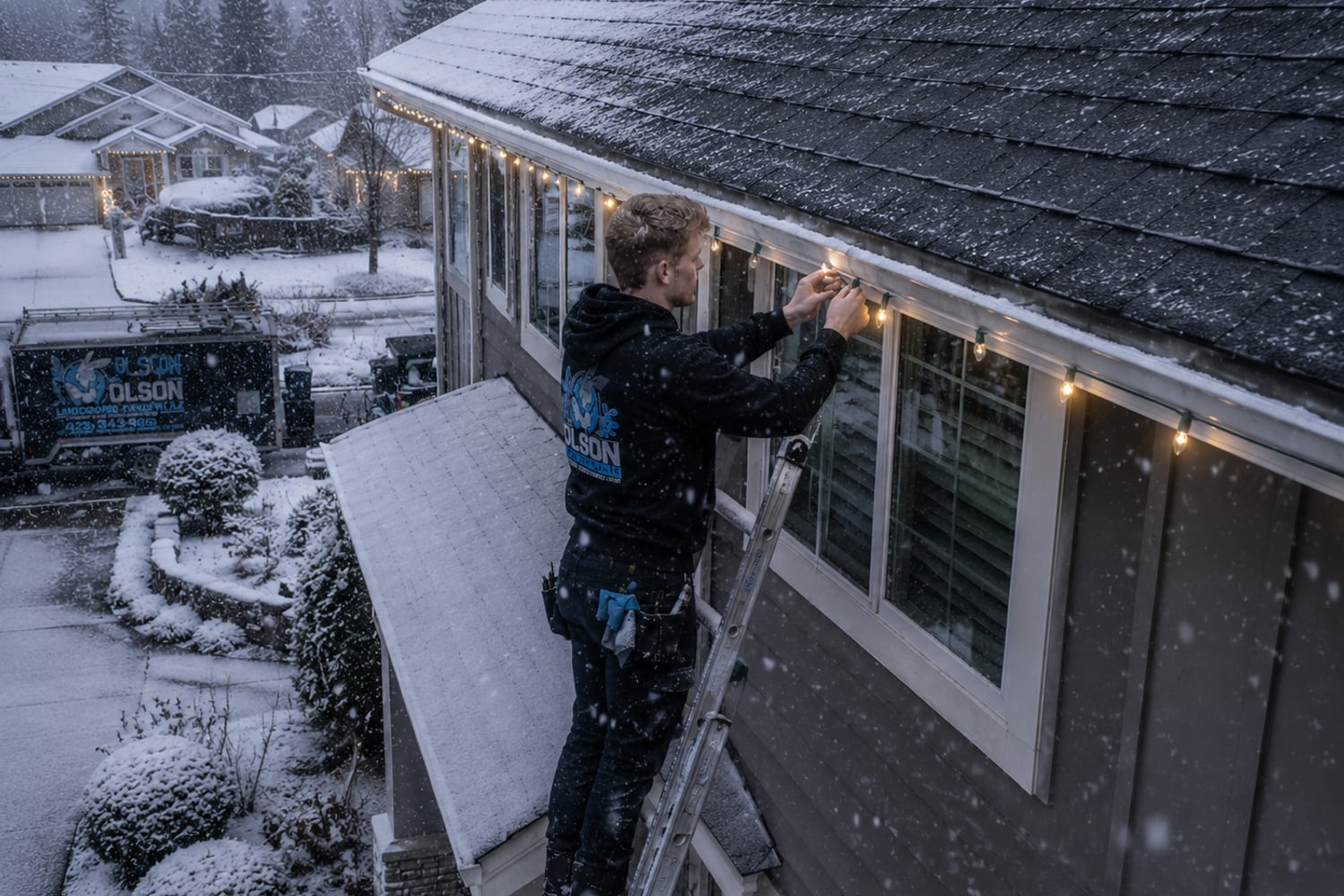 Olson Pro Wash technician hanging warm-white roofline Christmas lights in falling snow