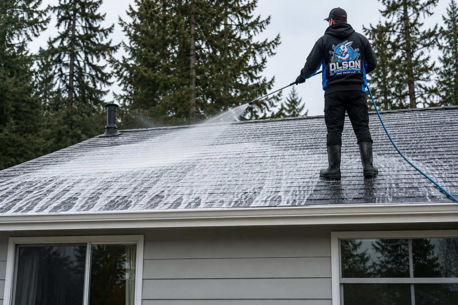 Olson Pro Wash technician soft-washing a roof from the ridge