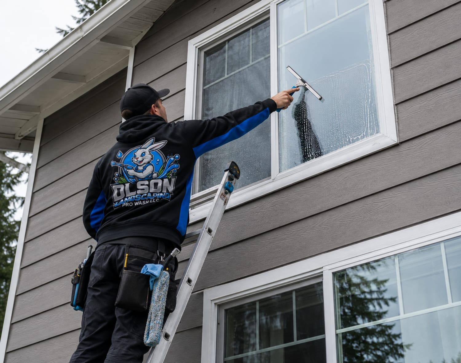 Squeegeeing an exterior window from a ladder
